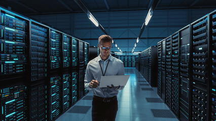 Futuristic Concept: Big Data Center Chief Technology Officer Using Laptop Standing In Warehouse,...