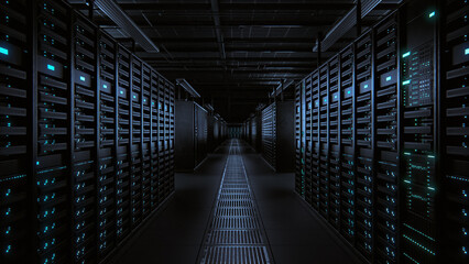 Data Technology Center Server Racks Working in Dark Facility. Concept of Internet of Things, Big Data, Storage, Cryptocurrency Farm, Cloud Computing. 3D Render of Crypto Mining Warehouse.