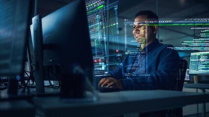 Futuristic Office with Hologram Screens: Professional Indian IT Programmer Working on Computer with Holographic Projection Showing Big Data, Charts. Asian Specialist Creating Innovative Software