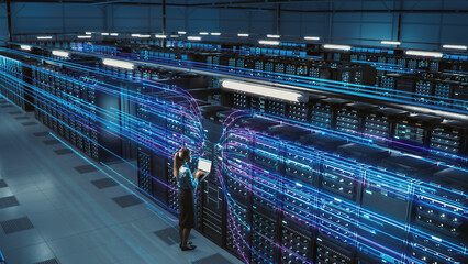 3D Graphics Concept: Big Data Center Female Chief Technology Officer Using Laptop Standing In...