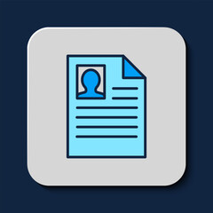 Filled outline Resume icon isolated on blue background. CV application. Searching professional staff. Analyzing personnel resume. Vector