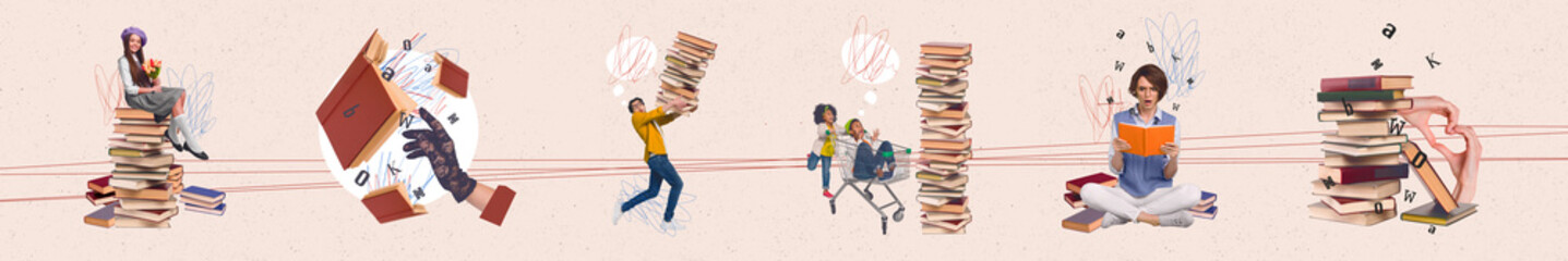 Minimal collection panorama collage of young people enjoy studying important lecture hold stack...