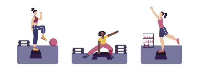 Set of cartoon characters of young athletic people doing sports in gym