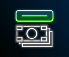 Glowing neon line ATM - Automated teller machine and money icon isolated on black background. Colorful outline concept. Vector