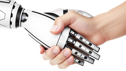 Robot handshake human, futuristic background digital robot science. AI Generative, Technology meets humanity.  Birth of Artificial Intelligence. Isolated on white background