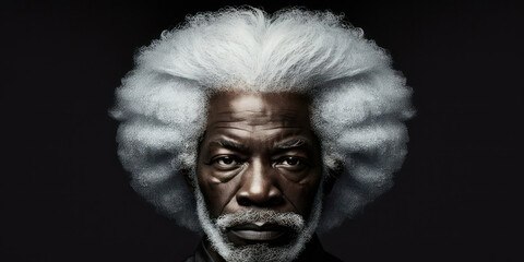 Generative AI image of a senior african american black man with white afro hairstyle and beard at studio over black background. Portrait of a grandfather, old man.
