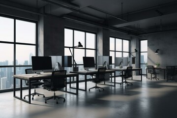 Fototapeta na wymiar urban empty office with minimalist interior, computer equipment and comfortable workstations by window. Generative AI