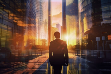Vue de dos d'un businessman entre les immeubles au coucher du soleil » IA générative