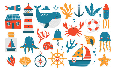 Big set of childish funny clip arts with sea animals, whale, crab, fish, lighthouse, ship, algae, coral, house. Quirky cute cartoon illustrations for kid greeting card, banner, logo, fabric, textile.