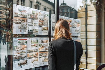 Vue de dos d'une femme observant des annonces immobilières dans la rue » IA générative - obrazy, fototapety, plakaty