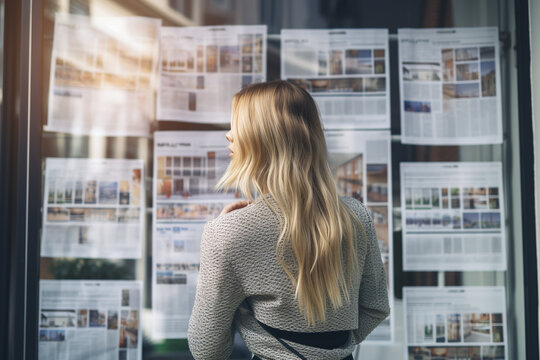 Vue de dos d'une jeune femme blonde consultant des annonces immobili&egrave;res  &raquo; IA g&eacute;n&eacute;rative
