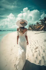 Fototapeta na wymiar beautiful woman walking on an endless beach with sea, ai generative