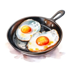 Watercolor illustration of fried eggs in a pan on white background. Generative AI.