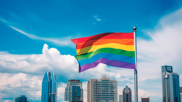 The rainbow flag hangs from a top of a building, Pride day and month.