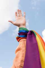 Cropped view of gay man with lgbt flag on hand and sky at background outdoors, International day...