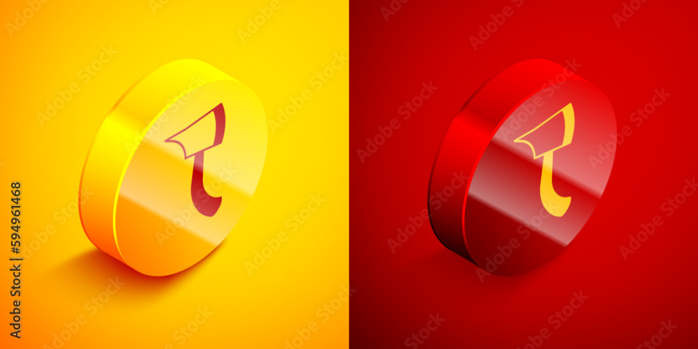 Poster isometric firefighter axe icon isolated on orange and red background. fire axe. circle button. vecto
