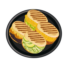 Set of vector Arepas. A traditional Colombian dish. Arepas with black beans, avocado, meat. Vector illustration of food. Latin American food on a black plate. White isolated background.