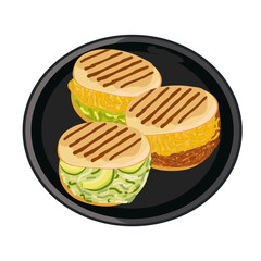 Set of vector Arepas. Traditional dish of Colombian cuisine. Arepas with cheese, avocado, meat. Vector illustration of food. Latin American food on a black plate. White isolated background.