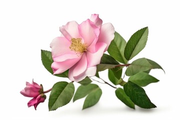 a pink flower with green leaves on a white background with a white background and a green stem with a pink flower on it, with a green stem and a white background with a white.  generative ai