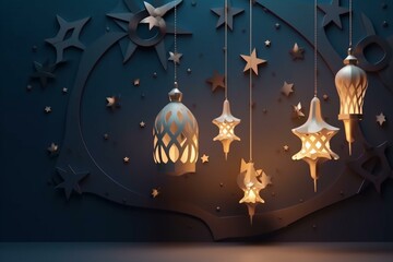 Ramadan Kareem Banner Design With 3D Render of Hanging Exquisite Crescent Moon, Star And Illuminated Arabic Lamps. Generative AI