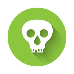 White Skull icon isolated with long shadow background. Happy Halloween party. Green circle button. Vector