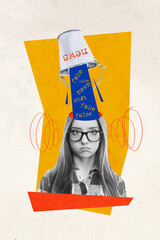 Poster banner collage of tired young lady exhausted about water streaming wrong false information...