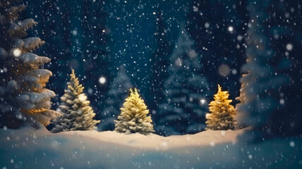 Fototapeta na wymiar Snow-covered meadow with fir trees. Christmas mood background. Created with Generative AI technology.