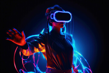 Woman wearing vr headset glasses of virtual reality game simulator. Created with Generative AI technology.