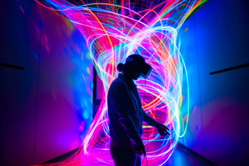 Man wearing vr headset glasses of virtual reality game simulator. Created with Generative AI technology.