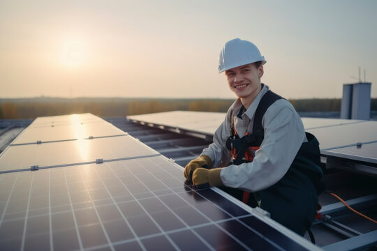 A solar panel engineer poses happily looking at the camera after a day of work, with generative AI technology