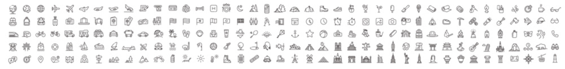 SVG travel icon set camping vector icons hiking vector icons illustrator. Set of vector icons representing various travel-related concepts such as plane, hotel, passport, camera, and suitcase.