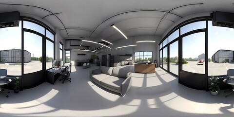 Full 360 degrees seamless spherical panorama HDRI equirectangular projection of warehouse office. Texture environment map for lighting and reflection source rendering 3d scenes.