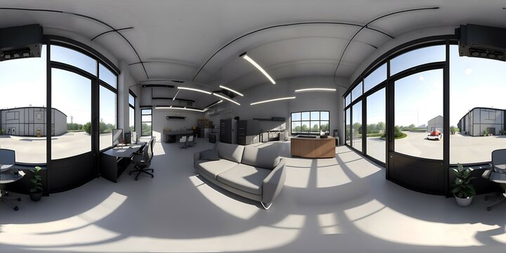 Full 360 degrees seamless spherical panorama HDRI equirectangular projection of warehouse office. Texture environment map for lighting and reflection source rendering 3d scenes.