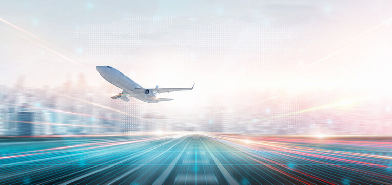 Technology digital future of commercial air transport concept, Airplane taking off from airport runway on city skyline and world map background with copy space, Moving by speed motion blur effect