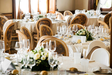 Wedding venue interior with banquet tables