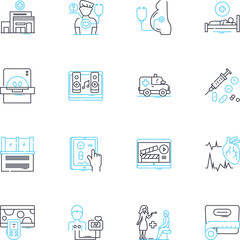 Fototapeta premium Sanatorium linear icons set. Isolation, Asylum, Rehabilitation, Therapy, Rest, Healing, Retreat line vector and concept signs. Solitude,Respite,Convalescent outline illustrations