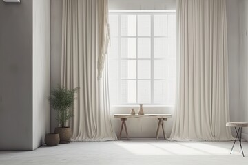 Fototapeta na wymiar modern living room with a large window and white curtains. Generative AI