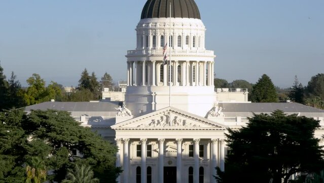 Drone shot over California State Capitol Museum on a sunny day