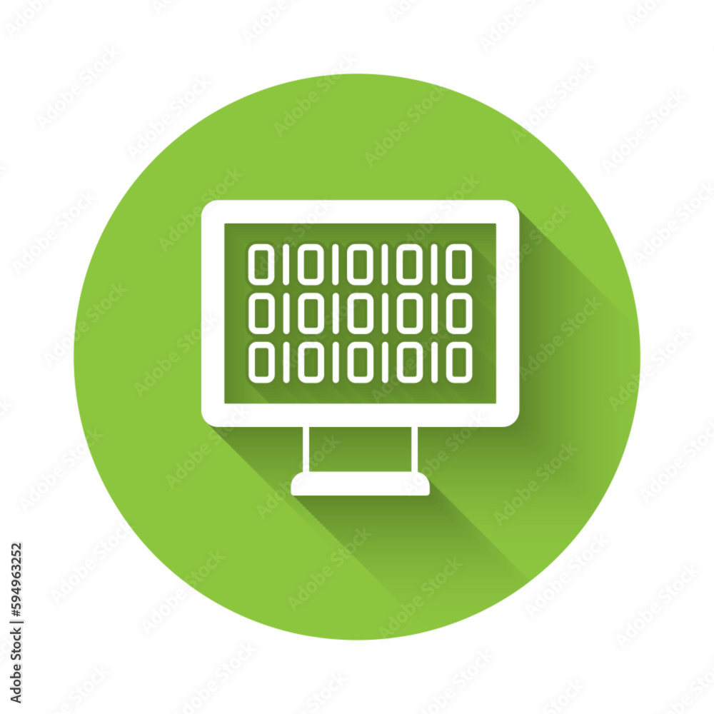 Poster white binary code icon isolated with long shadow background. green circle button. vector