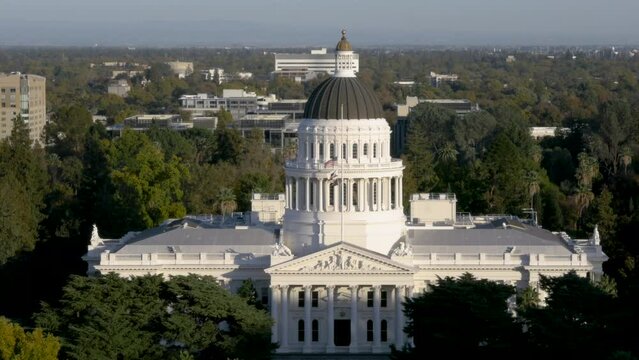 Drone shot over California State Capitol Museum on a sunny day