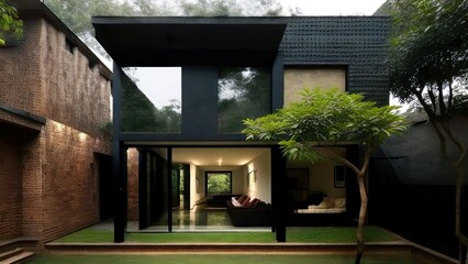 the exterior of an architectural narrow house designed by Srijit Srinivas with brick walls 7