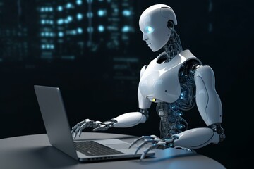 Obraz na płótnie Canvas Chatgpt ai robot answering questions on a laptop, Generative AI