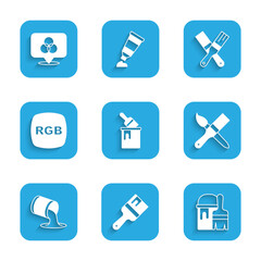 Set Paint bucket with brush, RGB, and and CMYK color mixing icon. Vector