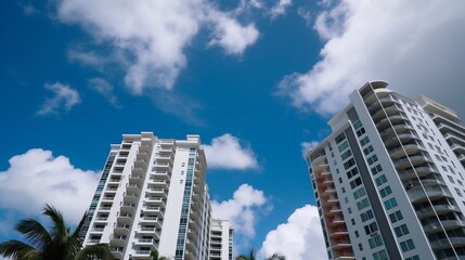 Fototapeta premium Modern condos apartments against the giant clouds in the blue sky background. generative AI