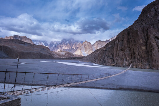 Hussaini Suspension Bridge Located in the Hunza Valley Hanging over Lake Borit north of pakistan