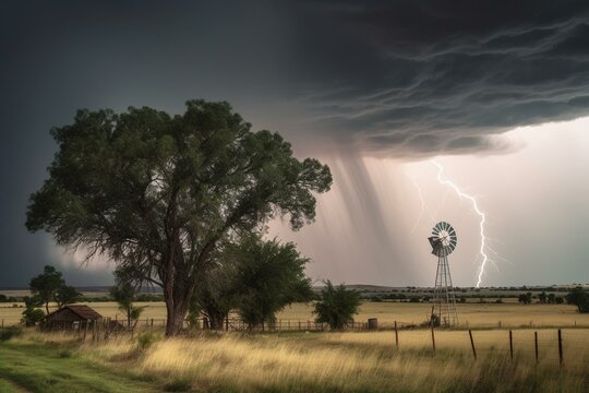 a storm is coming in over a field with windmills and trees in the foreground and a lightning bolt in the distance. Generative AI