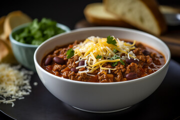 Classic Beef Chili in a deep white bowl with cheese