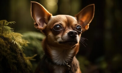 close up photo of Chihuahua dog on green forest background. Generative AI
