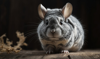 photo of chinchilla sitting on a wooden floor and dark background. Generative AI