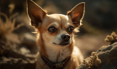 Obraz premium Desert Explorer Chihuahua: Unleashing the Spirit of Adventure. Photo of Chihuahua dog exploring a rocky desert landscape with an intense and curious expression. Generative AI